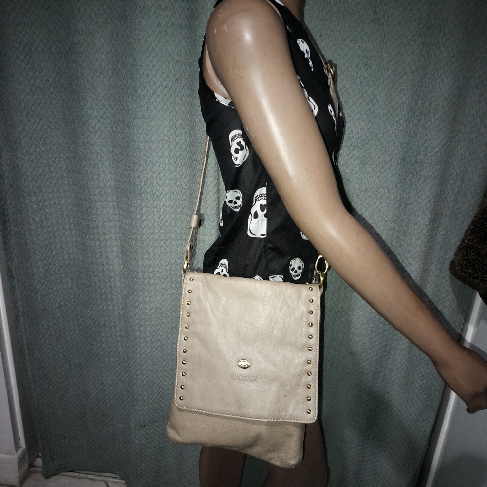Avorio Flap Over Crossbody Leather Bag. Beige